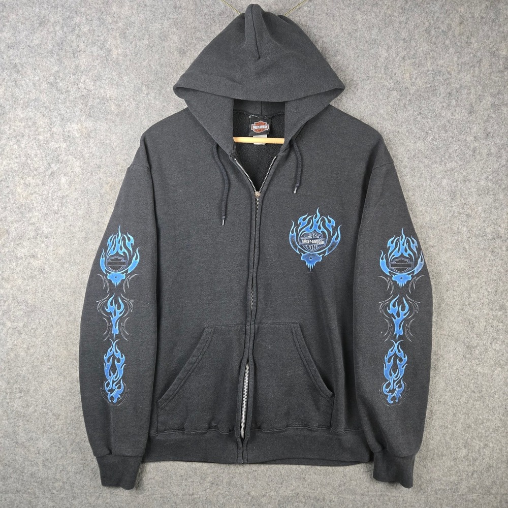 Vtg Harley Davidson Zip Up Flame Sleeve Hoodie Mens M Faded Black Blue Grunge